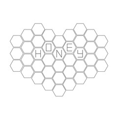 Honeycomb set in shape of heart. Beehive element. Honey text icon. Isolated. White background. Flat design.  .