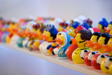 Rubber ducks on a shelf