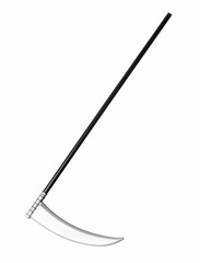 Plastic miniature model of scythe with black handle. Toy for Halloween isolated on white background.