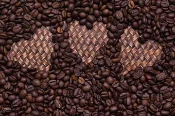 three heart symbols made of coffee beans