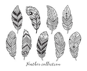 Outline feathers set in ethnic style. Vector collection