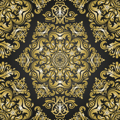 Seamless oriental pattern in the style of baroque. Traditional classic ornament. Black and golden pattern