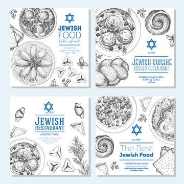 Jewish food banner set. Jewish food square banner collection. Linear graphic