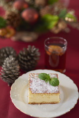 Cheesecake decorated with a leaf of mint