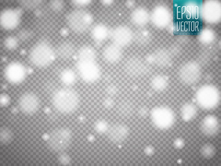 Vector falling snow effect isolated on transparent background with blurred bokeh.