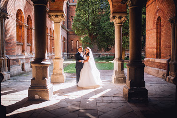 Beautiful sensual brunette bride and handsome groom at sunset castle balcony. Newlyweds near columns and old door embracing and posing kissing picture.