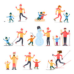 Fototapeta na wymiar Winter sports with adult children. Family outdoors in winter. Skiing, skating, snowboarding, hockey. Snowman. Characters. Flat design vector illustration.