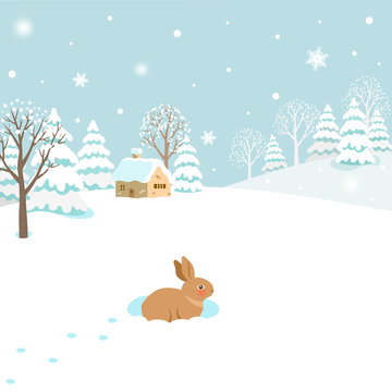 Snowy winter landscape with rabbit