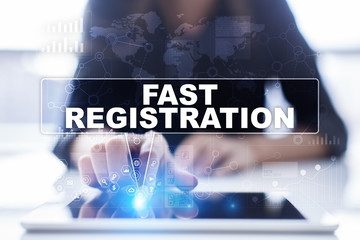 Woman is using tablet pc, pressing on virtual screen and selecting fast registration