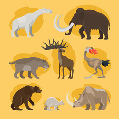 Prehistoric animals. Vector cartoon ancient mammal ice age extinct animal set like mammoth and cave lion