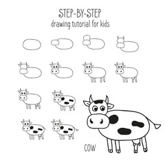 Cow Step by step drawing tutorial for kids