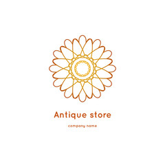 Luxury logotype for antique store. Volumetric golden big bud. Kaleidoscope