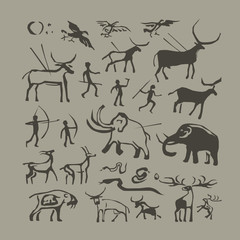 Vector rock painting. Cave man and animals anthropology primitive stone age paintings