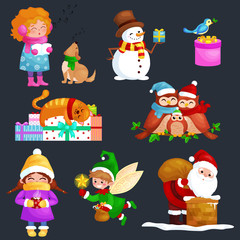 illustrations set Merry Christmas Happy new year, girl sing holiday songs with pets, snowman gifts, cat and dog enjoy presents, owls family and bird,Christmas elf Santa Claus climbing chimney with bag