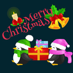two happy cute Christmas penguin in hat and scarf are a stack of Christmas gifts on the eve of the new year. Greeting vector illustration with presents and bells animals