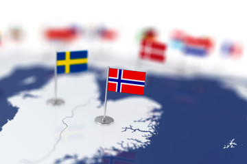 Norway flag in the focus. Europe map with countries flags