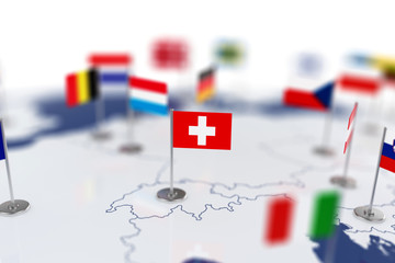 Swiss flag in the focus. Europe map with countries flags