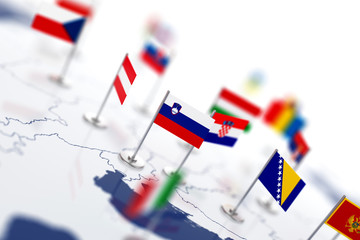 Slovenia flag in the focus. Europe map with countries flags