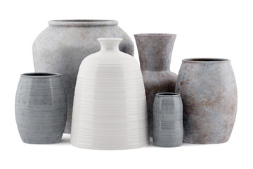 six ceramic vases isolated on white background
