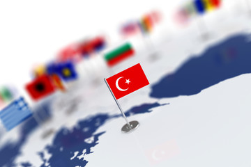 Turkey flag in the focus. Europe map with countries flags