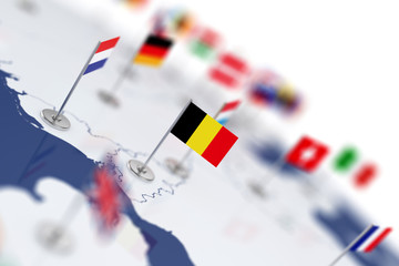 Belgium flag in the focus. Europe map with countries flags