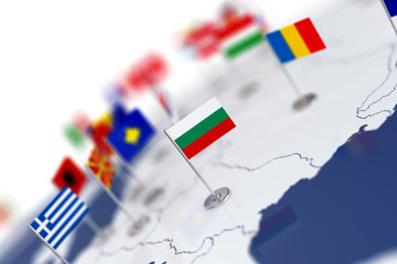 Bulgaria flag in the focus. Europe map with countries flags