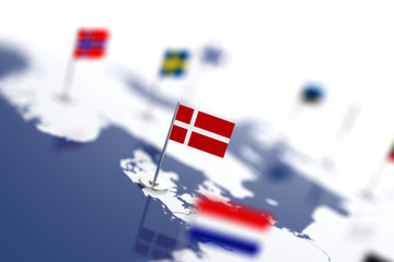 Denmark flag in the focus. Europe map with countries flags