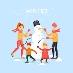 Family sculpts snowman. Merry Christmas and Happy New Year. Xmas Poster, banner, printed matter, greeting card. Flat design vector illustration.