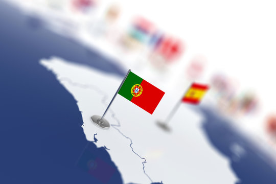 Portugal flag in the focus. Europe map with countries flags