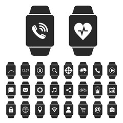 Smartwatch icon set with different apps. Different smart watch screens with applications and notification. Vector isolated illustration.