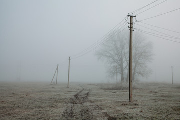 Foggy landscape with power lines rustic field background, frost on the ground, noise film effect texture