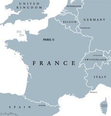 Fototapeta premium France political map with capital Paris, Corsica, national borders and neighbor countries. Gray illustration with English labeling and scaling on white background. Illustration.