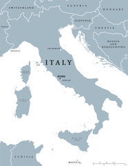 Italy political map with capital Rome, with national borders and neighbor countries. Gray illustration with English labeling and scaling on white background. Illustration.