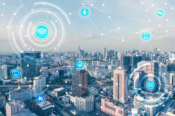 Blue high-tech tone of cityscape connected line with wifi sign,