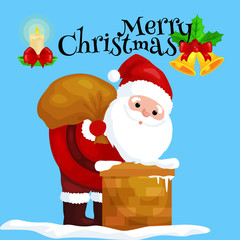 christmas Santa Claus in red suit with bag full of gifts in the chimney climbs that would give presents on Christmas Eve or winter holiday xmass, new year vector illustration
