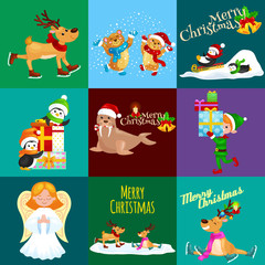 Illustration set animals winter holiday North Pole penguins presents and sledding down the hills,bears under snow elf boxes,deer skating,walrus in hat,vector angel.Merry Christmas and Happy New Year