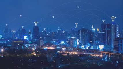 City with connected line, internet of things conceptual - obrazy, fototapety, plakaty