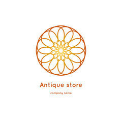 Luxury logotype for antique store. Volumetric golden big bud. Kaleidoscope