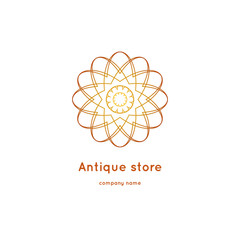 Luxury logotype for antique store. Volumetric golden big bud. Kaleidoscope.