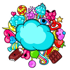 Kawaii card with sweets and candies. Crazy sweet-stuff in cartoon style
