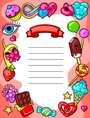 Fototapeta premium Kawaii diploma with sweets and candies. Crazy sweet-stuff in cartoon style