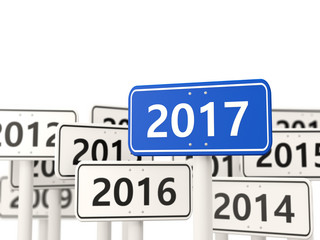 2017 New year on blue road sign.
