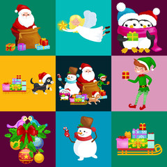 Santa Claus sack full of gifts,angel wings magic wand star, snowman candy, decoration ribbons balls birds, pet dog gifts in sleigh, penguins elf Vector illustration Merry Christmas and Happy New Year