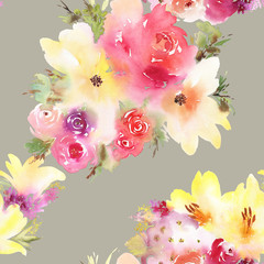 Fototapeta na wymiar Roses and lilies seamless pattern.