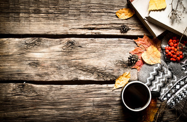 Autumn style. Coffee with an old books.