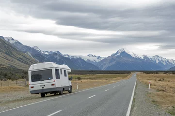 Foto op Canvas Motorhome on Mount Cook Road (State Highway 80) along the Tasman River leading to Aoraki / Mount Cook National Park and the village © jiggotravel