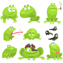 Green Frog Funny Character Set Of Different Emotions