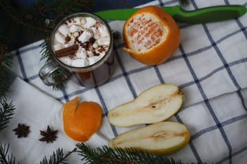 Christmas hot cocoa with marshmallows and milk. tree branches, cinnamon, and cookies on a napkin