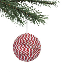 Red Bauble hanging from Christmas tree