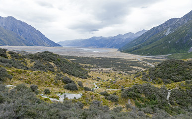 Walking trail to the Blue Lakes and Tasman Glacier View, Aoraki / Mount Cook with Tasman River seen in background